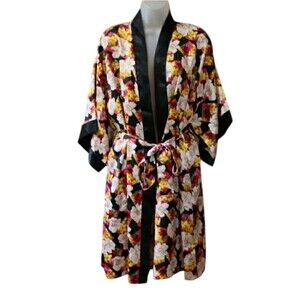 Delicates Vintage 90s Black Floral Kimono Robe Belted Wrap Loungewear